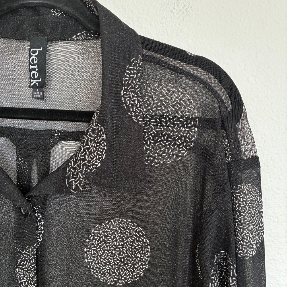 Berek Sheer Top Womens L Black Mesh Button Down Silver Polka Dot Top Fancy Event - Picture 2 of 11
